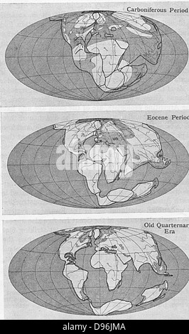 Schema della deriva continentale da un articolo di Alfred Wegener (1880-1930)sulla sua teoria della deriva continentale (Wegener ipotesi: 1915) pubblicato nella scoperta di Londra, 1922incisione. Foto Stock