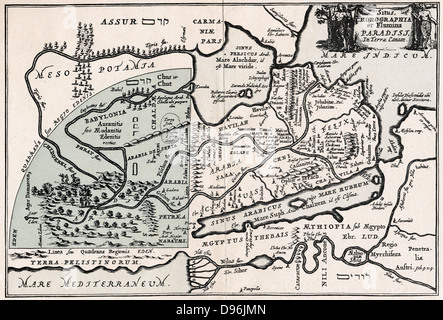 Mappa che mostra la posizione presunta di paradiso. Giardino di Eden mostrato come blu-quadrante oscurata. Dopo incisione del 1678 dal lavoro da Johann Herbinius (1633-1676), Slesia-nato ministro luterano. Foto Stock