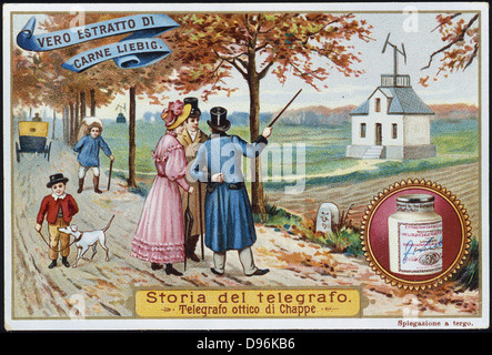 Antenna Telegraph (semaforo). Artista della impressione di Claude Chappe (1763-1895), ingegnere e inventore francese,, telegrafo sistema in uso. Ampiamente utilizzato, in particolare in Francia e della sua colonie, fino a circa 1850. Liebig scheda commerciale rilasciato c1900. Chromolithograph Foto Stock