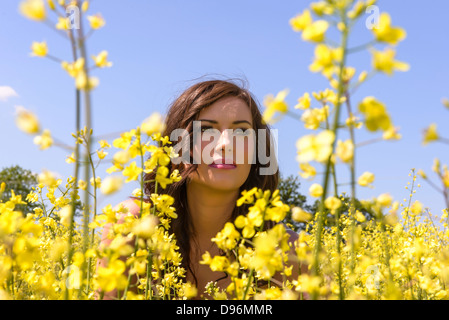 Posizione modello di sparare i campi di colza donna giovane adolescente sole estivo Foto Stock