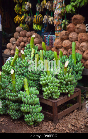 Noci di cocco e banane per la vendita al mercato centrale in BAGO - Myanmar Foto Stock