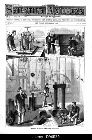 Generatore di Edison per la luce elettrica a Menlo Park. Dietro le porte è il 80 cv. Le due vignette (top) sono Edison la migliore forma di JW Trowbridge elettrici del dinamometro e Thomson galvanometro a specchio. "Cooperazione scientifica americana' New York 1879. Foto Stock