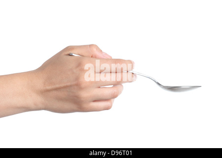 Profilo di una donna mano utilizzando un cucchiaio isolato su uno sfondo bianco Foto Stock