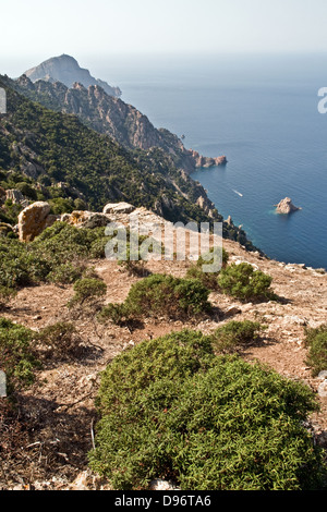 Guardando verso le scogliere di Capo Rosso e il Golfo di Porto nel Mediterraneo, vicino a Porto, sulla costa occidentale dell'isola di Corsica, Francia. Foto Stock