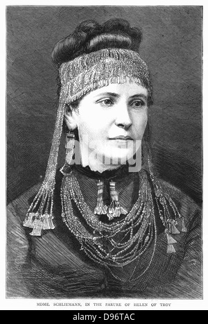 Madame Schliemann indossare gioielli scavato da suo marito a Micene. Schliemann ritiene che esso era appartenuto a Elena di Troia. Da "La grafica', Londra, 1877. Incisione Foto Stock