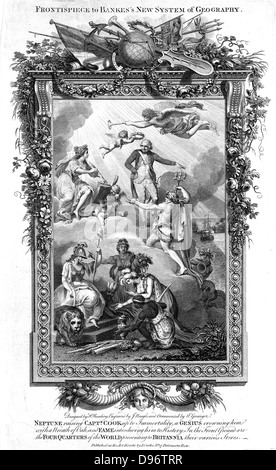 Nettuno sollevamento James Cook (1723-79) English navigator, explorer e idrografo di immortalità, e la sua fama di scrivere il suo nome nel libro della storia. In primo piano abitanti dell'America, Africa e Asia omaggio a Britannia. Allegorico di incisione su rame da Giovanni Neagle (fl1789-1816) e W Grainger dopo la progettazione da HANNOVER-nato artista Johann Heinrich Ramberg (1763-1840). Foto Stock