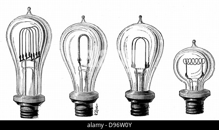 Edison, lampade ad incandescenza che mostrano varie forme di filamenti di carbonio. Da 'Les Nouvelles Conquetes de la Science, Parigi, 1883. Incisione. Foto Stock