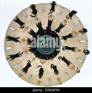 Fantascope: gioco ottico a seconda della persistenza della visione per il suo effetto. Disco con immagini multiple di cat a caccia di un uccello. Foto filate sul mandrino e la sua riflessione visto in Looking Glass (mirror), dando l'impressione del gatto saltando il muro. Da TM Baynes 'Fantascope', Ackermann, Londra, 1833. La puntasecca. Foto Stock