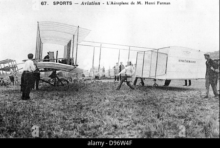 Henri Farman (1874-1958), francese aviatore e costruttore di aeromobili. Farman biplano del n. 1. Da una fotografia. Foto Stock