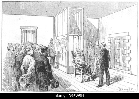 Esecuzione mediante sedia elettrica. Kemmler, il primo uomo eseguito dalla sedia elettrica, Auburn prigione, USA, 6 agosto 1890. La corrente alternata utilizzati; tre picchi di tensione sono stati necessari per l'esecuzione. Westinghouse apparecchiatura utilizzata. Da 'La natura", Parigi, 6 settembre 1890 . Foto Stock