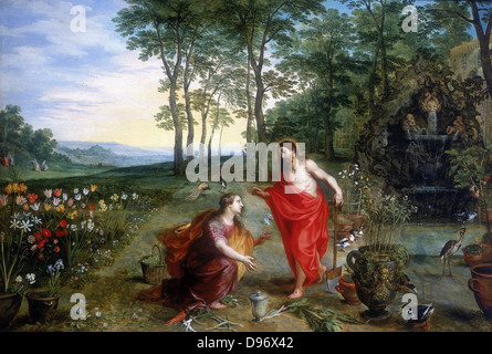 Noli me tangere' Olio su legno. Collezione privata. Maria Maddalena, la prima a vedere il Cristo risorto nel giardino del Getsemani. Jan Brueghel o Breughel il Giovane (1601-1678) e Hendrick van Balen. Olio su pannello in legno di quercia. Foto Stock