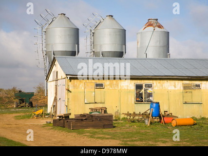 3 alimentazione del metallo sili di stoccaggio e da un fienile in cortile, a Alderton, Suffolk, Inghilterra Foto Stock