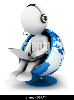3d bianchi global manager seduto su una sedia del mondo con il computer portatile, isolato sfondo bianco, l'immagine 3D Foto Stock