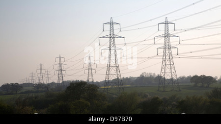 Piloni portanti la trasmissione di energia elettrica ad alta tensione i cavi attraverso la campagna, Burgh, Suffolk, Inghilterra Foto Stock