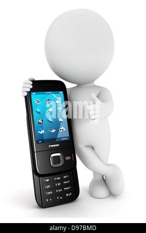 3d bianco la gente ama il telefono cellulare in un positivo posano con il pollice fino, isolato sfondo bianco, l'immagine 3D Foto Stock