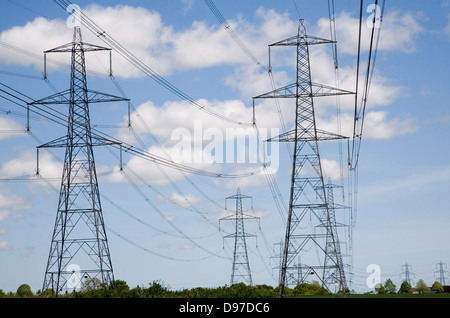 Elettricità piloni portanti la trasmissione di energia elettrica ad alta tensione Cavi su campagna, Campsea Ashe, Suffolk, Inghilterra Foto Stock