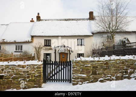 Tradizionale cottage con tetto in paglia in inverno la neve, Morchard Vescovo, Devon Foto Stock