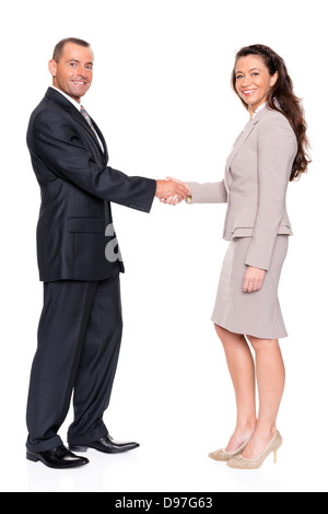 Business uomo e donna di fronte a uno sfondo bianco Foto Stock