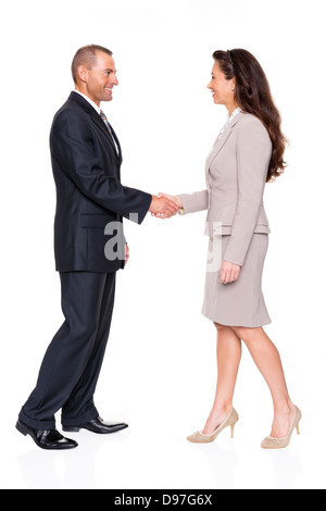 Business uomo e donna di fronte a uno sfondo bianco Foto Stock