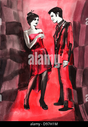 Giovane bella coppia contro abstract sfondo rosso. Foto Stock