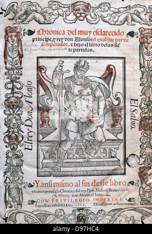 Alfonso X il Saggio(1221-1284). re di Castiglia e León e Galizia. Coperchio libro. incisione. Foto Stock