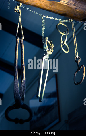 Xix secolo pinza pende da una trave in officina Foto Stock