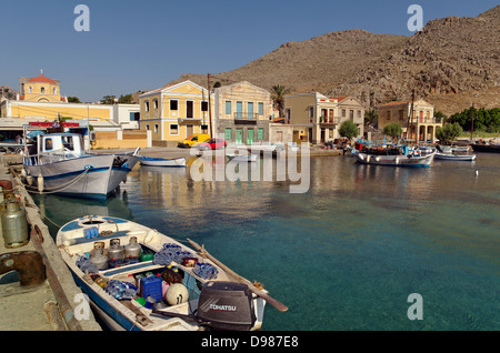 Pazienti pediatrici village, Isola di Symi, Dodecaneso isola Gruppo, Grecia Foto Stock