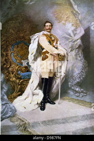 Wilhelm II (1859-1941) l'imperatore di Germania (1888-1918) ritratto a figura intera in pieno uniforme e ermellino robe, in piedi davanti al trono. Artista, Ferdinando Keller 1842-1922. Foto Stock