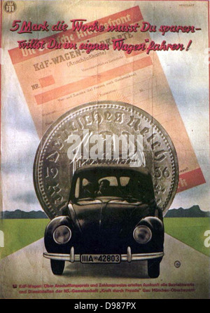Fine degli anni trenta poster pubblicitari Volkswagen, auto del popolo. Il testo: 'Save 5 segna una settimana e potrai guidare la vostra auto'. Foto Stock