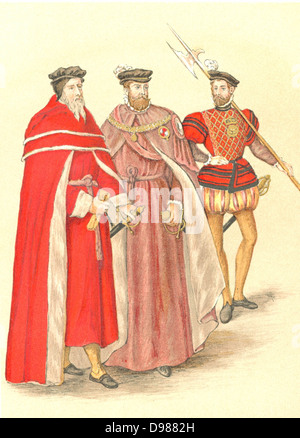 Due colleghi nelle loro vesti accompagnato da un Halberdier nel tempo di Elisabetta I. del XVI secolo. Foto Stock