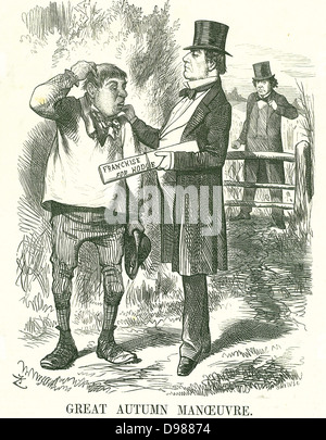 Grande manovra d'Autunno": Gladstone pensato che alla fine il voto deve essere dato ai braccianti agricoli (Hodge ha). In questo momento il suo premiership era fragile e Disraeli è in attesa di prendere il suo posto. John Tenniel cartoon da 'Foratura', Londra, 9 agosto 1873. Foto Stock