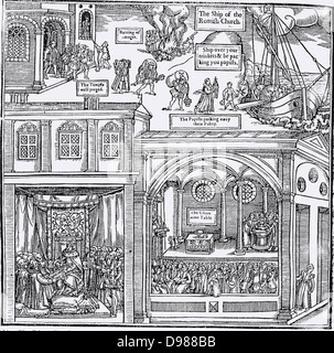 Xilografia dalla prima edizione di John Foxe 'Il libro dei martiri", Londra 1563, raffigurante l'iconoclasmo, al centro in alto. Nella parte superiore dell'immagine 'papists' sono impacchettare il loro 'irrisorio,' mentre la chiesa viene spurgato di idoli. In basso a sinistra i chierici ricevono la Bibbia a partire dalla Regina Elisabetta I. in basso a destra mostra l'interno di una chiesa protestante con la congregazione ad ascoltare un sermone, una comunione somple tabella rther rispetto a un altare e un battesimo di prendere posto. Foto Stock