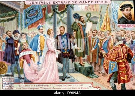 Elizabeth mi inaugurando il primo Royal Exchange, Londra, 1571. Lo scambio è stato costruito da Thomas Gresham (1519-1579). Xix secolo chromolithograph. Foto Stock