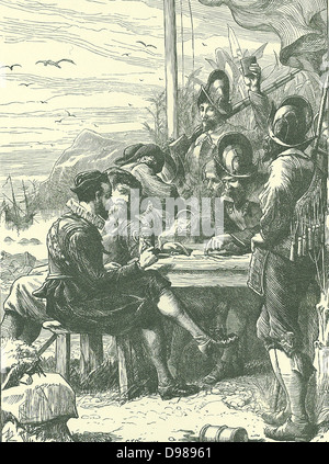 Walter Raleigh (1552-1612) inglese cortigiano e navigator, con i membri della sua spedizione sull isola di Trinidad, 1595. Fine del XIX secolo illustrazione c1890. Foto Stock