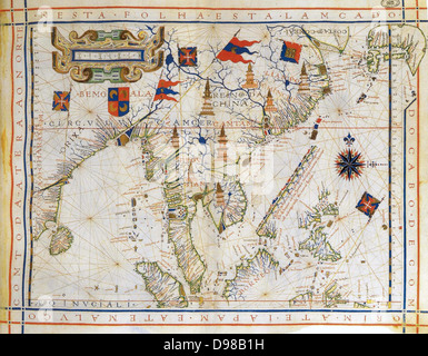 Piano-grafico, pre-Mercator mappa di 1571 dal cartografo portoghese Fernao Vaz Dourado c1520-c1580). Mappa di East India, Baia del Bengala, Cina sud-orientale, Thailandnd, Borneo e Giappone. Il Tropico del Cancro è chiamato. Foto Stock