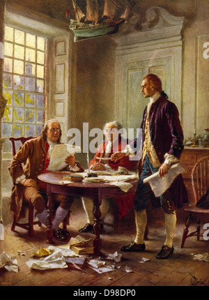 La scrittura della dichiarazione di indipendenza, 1776': Benjamin Franklin, sinistra, John Adams incontro a Thomas Jefferson, piedi, alloggi a Philadelphia per studiare una bozza del documento. Dopo la pittura da J.L.G. Ferris (1863-1930) Foto Stock