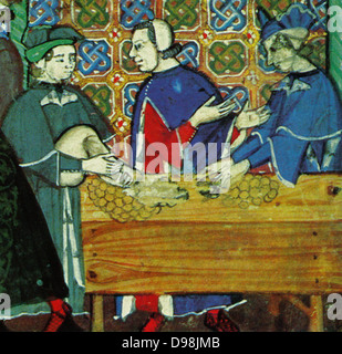Banking nel borgo medievale di Genova, Italia, raffigurato nel xv secolo, Italiano manoscritto. Scena mostra i banchieri in una casa di conteggio Foto Stock