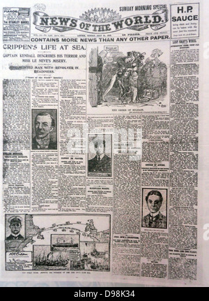 Il 'News del mondo quotidiano' 10 luglio 2011. Il finale commemorativa edizione del giornale porta una ristampa del problema, segnando la cattura dell'Assassino Dr Herbert Hawley Crippen (1862-1910) e la sua amante, Ethel le neve, arrestato sul ponte di Atlantic liner 'Montrose'. Comandante della nave aveva letto sui giornali notizie di omicidio a Londra ed era sospetto di due dei suoi passeggeri. Radioed Scotland Yard che hanno inviato un detective da barca pilota per effettuare la cattura. Primo utilizzo di polizia di radiotelegrafia. Agosto, 1910. Foto Stock