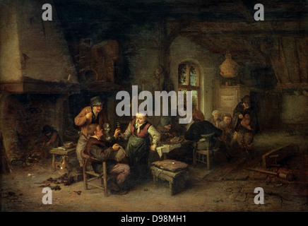 Un Country Inn". Olio Adriaen van Ostade (1610-1685) Olandese Pittore di genere. Interno mostra di mangiare e di bere, donna che serve gli ospiti. Fire Birdcage vetro del finestrino Foto Stock