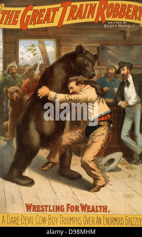 Il grande treno rapina scritto da Scott marmo. c1896. Teatro americano (poster) : litografia. Il wrestling di ricchezza : un osa-diavolo cow-boy trionfa un enorme grizzly. Foto Stock