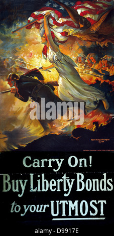 Avanti! Acquistare obbligazioni Liberty al vostro meglio". American Guerra Mondiale i poster, 1918 progettato da Edwin Howland Blashfield (1848-1936). Figura allegorica della vittoria agitando le stelle e strisce accompagna i soldati nella parte anteriore. Foto Stock