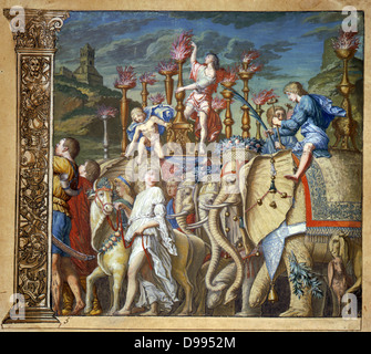 Il Trionfo di Giulio Cesare, Andrea Andreani (1540-1623) Italiano intagliatore di legno. La piastra 5 dalla sua "Triumphus Caesari' c1598, dopo Andrea Mantegna (1431-1506), artista italiano. Elefanti in processione trionfale. Foto Stock