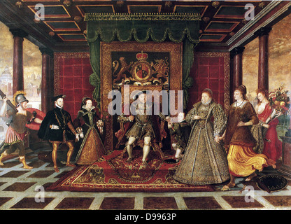 Allegoria della successione Tudor Sudeley (castello), c. 1572 La Famiglia di Henry VIII: Allegoria della successione di Tudor. Dipinto di Lucas de Heere Foto Stock