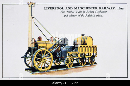 Il Razzo', George Stephenson's locomotiva a vapore che ha vinto il Rainhill Trials in 1829 per la locomotiva per essere utilizzato per il Liverpool e Manchester ferroviaria. Nei primi anni del XX secolo card. Il trasporto ferroviario a vapore la Gran Bretagna Engineering. Foto Stock