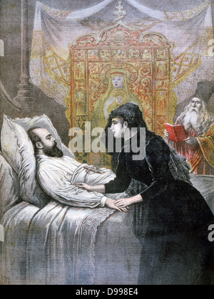 Letto di morte dello Zar Alessandro III di Russia (1844-1894), la sua consorte Maria Feodorovna (Principessa Dagmar di Danimarca) al suo fianco. Da "Le Petit Journal', 11 novembre 1894. Foto Stock