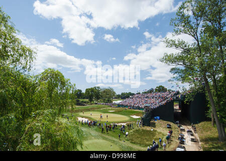 Ardmore, Pennsylvania, USA. 14 giugno 2013. Vista del diciassettesimo foro con Tiger Woods, degli Stati Uniti, Adam Scott, dell'Australia, e Rory McIlroy, dell'Irlanda del Nord, in azione sul verde durante il 2013 U.S. Aprire 113Campionato Nazionale dell'Merion Golf Club di Ardmore, Pennsylvania. Credito: Cal Sport Media/Alamy Live News Foto Stock