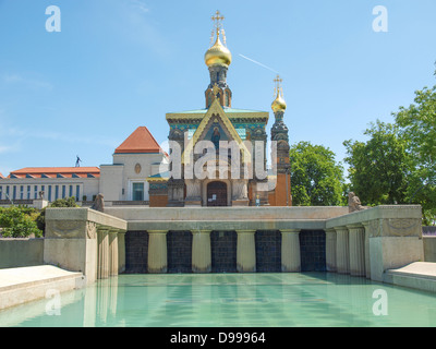 La cappella russa e fontana a Kuenstler Kolonie colonia di artisti in Darmstadt Germania Foto Stock