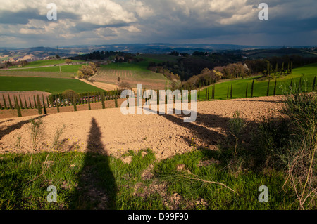 Il paesaggio toscano nella tarda sera sun Foto Stock