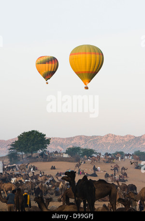 I palloni ad aria calda su Pushkar Camel fiera, Pushkar, Ajmer, Rajasthan, India Foto Stock