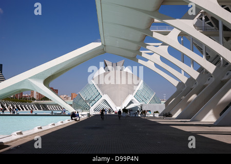 El Museu de les Ciencies principe Felipe che conduce a l'hemisferic città delle arti e delle Scienze di Valencia SPAGNA Foto Stock